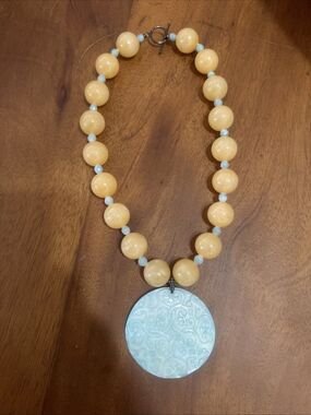 Yellow Large Genuine Stone Bead Necklace With Blue Stones And Pendant